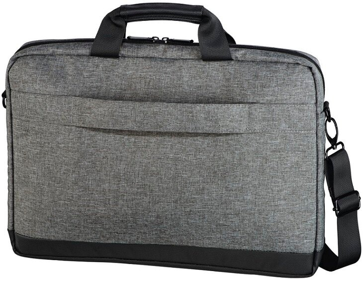 Szara torba na laptopa z uchwytem, paskiem na ramię i przednią kieszenią.