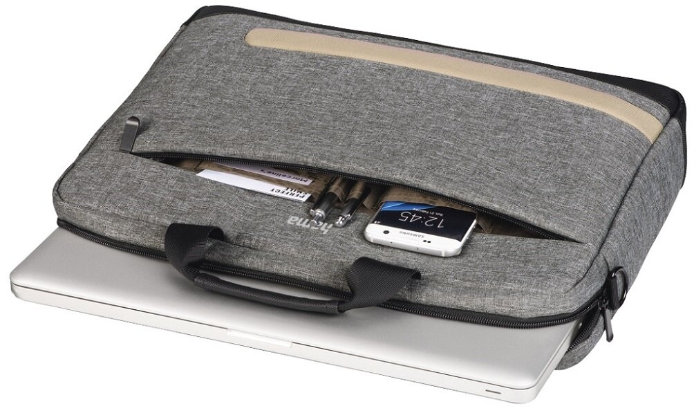 Szara torba na laptopa z uchwytem, przednią kieszenią i otwartym zamkiem błyskawicznym.