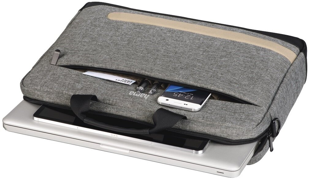 Laptop i tablet znajdują się w szarej i beżowej torbie na laptopa.