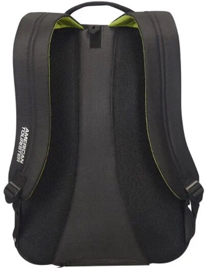 Czarny plecak z zielonymi akcentami, logo American Tourister.
