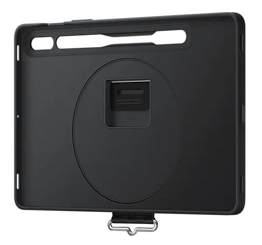 Tył czarnego etui na tablet z paskiem i uchwytem.