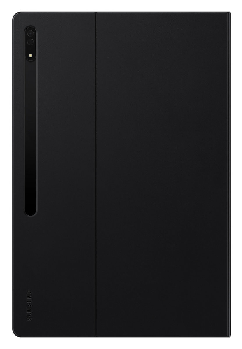 Czarna obudowa tabletu otwarta, logo Samsung na dole, kamera na górze.