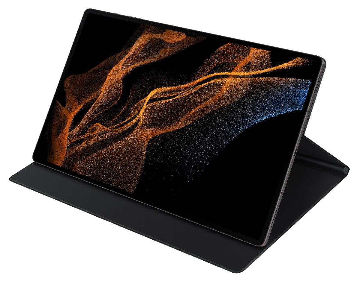 Tablet z czarnym etui, pokazujący kolorowy, abstrakcyjny obraz.