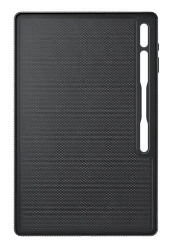 Tył czarnego etui na tablet. Ma teksturowaną powierzchnię z gniazdem na długopis po prawej stronie.