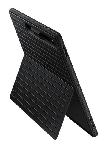 Czarne etui na tablet z teksturowanym, prążkowanym wzorem, otwarte pod kątem.
