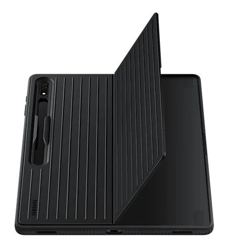 Składane etui na tablet z uchwytem na długopis, pokazujące otwarte urządzenie.