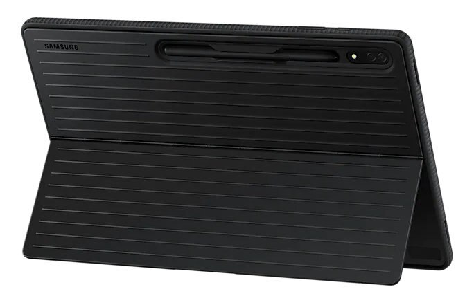Czarny tablet z otwartym etui, rysik w środku. Logo Samsung na górze.