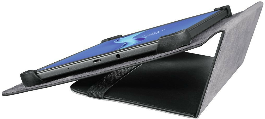 Tablet jest w szarej obudowie, pochylony do góry. Obudowa ma podstawkę. Tablet jest czarny.