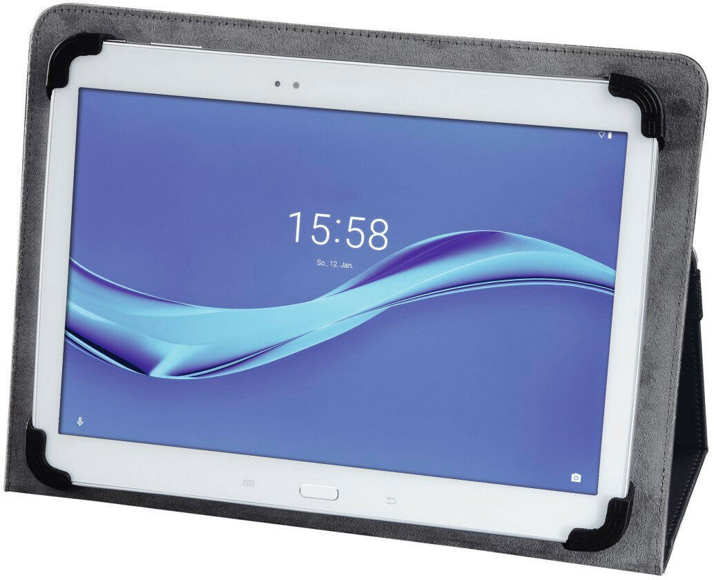 Biały tablet w szarej obudowie, pokazujący godzinę 15:58 na ekranie.