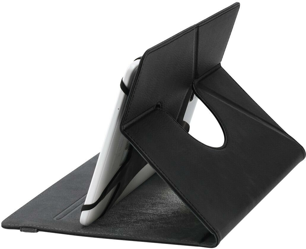 Czarny tablet w czarnym stojaku. Stojak ma wycięcie. Tablet jest biały.