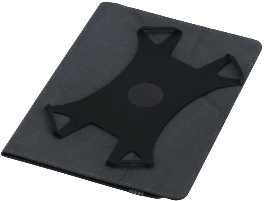 Pokrowiec na tablet. Ma ciemnoszary wygląd i czarny, krzyżowy uchwyt.