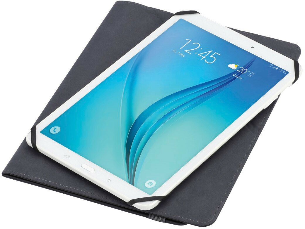 Biały tablet w czarnym etui. Na ekranie wyświetlana jest godzina i ikona pogody.