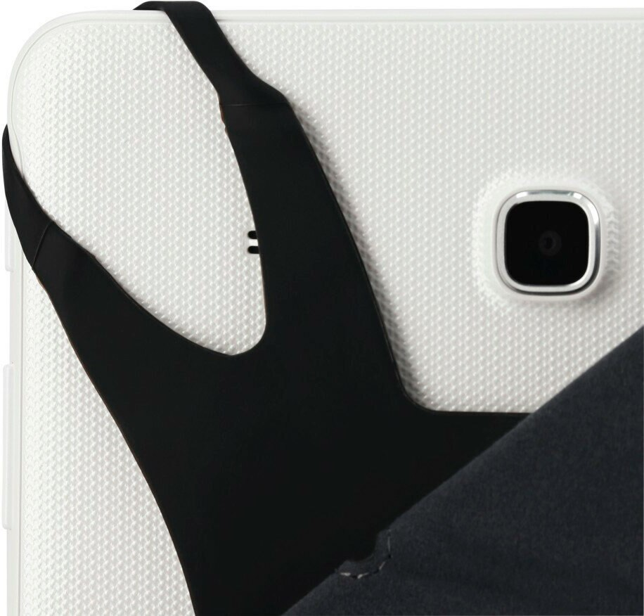 Tył białego tabletu z czarnym uchwytem i aparatem.