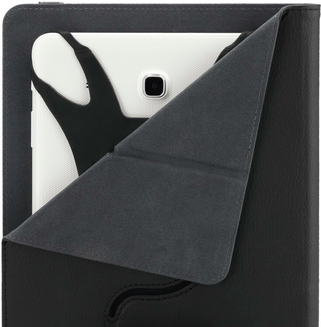 Tablet w czarnym etui. Pokrywa etui jest złożona, pokazując ekran tabletu.