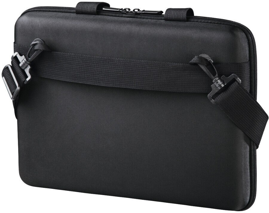 Czarna torba na laptopa z paskiem na ramię i zapięciem na zamek błyskawiczny, widok pod kątem.