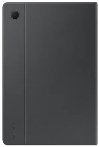 Zamknięte szare etui na tablet z czarnym przyciskiem i logo Samsung.