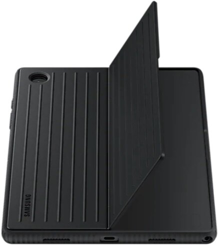 Czarny tablet z teksturowaną osłoną, częściowo otwarty, odsłaniający ekran. Widoczna jest marka Samsung.