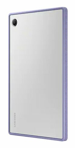 Widok z tyłu tabletu w kolorze białym z fioletową obwódką. Widoczny czarny obiektyw aparatu.