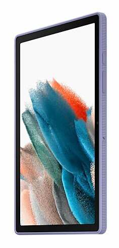 Tablet w fioletowym etui. Ekran wyświetla abstrakcyjny wzór z białym tłem.