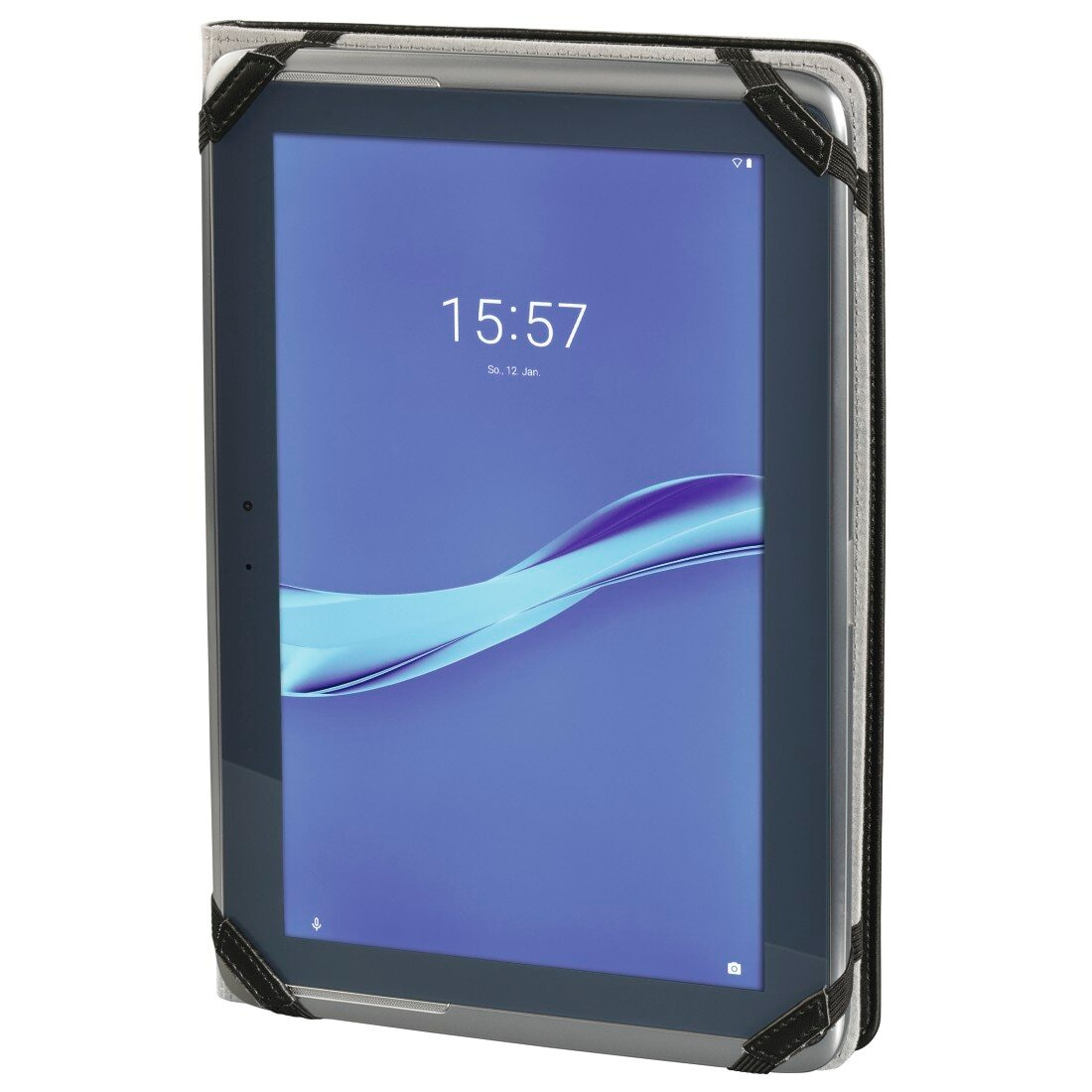 Tablet z godziną 15:57, w czarnym etui z elastycznymi paskami. Ekran jest niebieski.