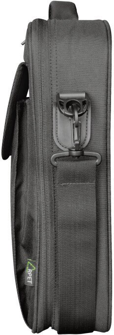 Widok z boku czarnej torby na laptopa z paskiem i uchwytem.