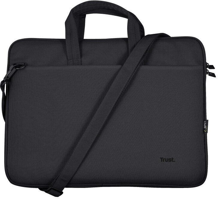 Czarna torba na laptopa z uchwytem i paskiem na ramię. Marka to Trust.