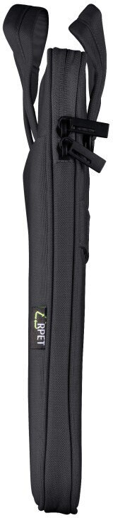 Czarna prostokątna torba z paskami, widok z boku, z logo, do przenoszenia przedmiotów.