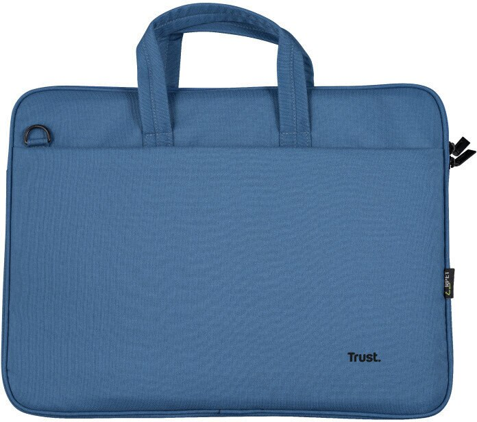 Niebieska torba na laptopa z uchwytami i mocowaniem paska.