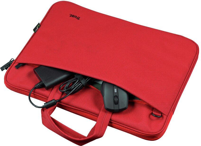 Czerwona torba na laptopa z zamkiem błyskawicznym, z ładowarką i myszą, z uchwytem.