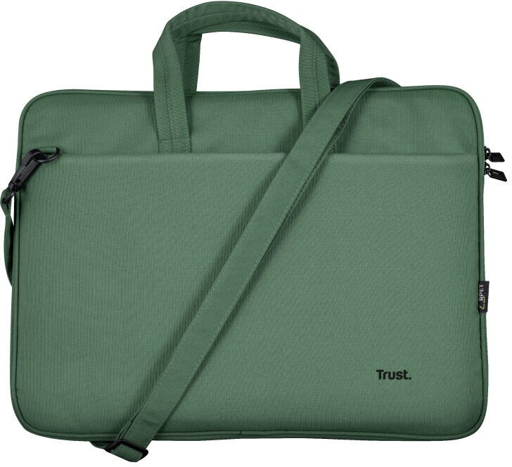 Zielona torba na laptopa z uchwytami i paskiem na ramię, z logo 'Trust'.