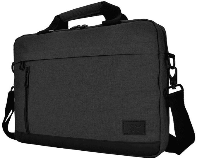 Czarna torba na laptopa z uchwytem i paskiem na ramię. Posiada przednią kieszeń zapinaną na zamek.