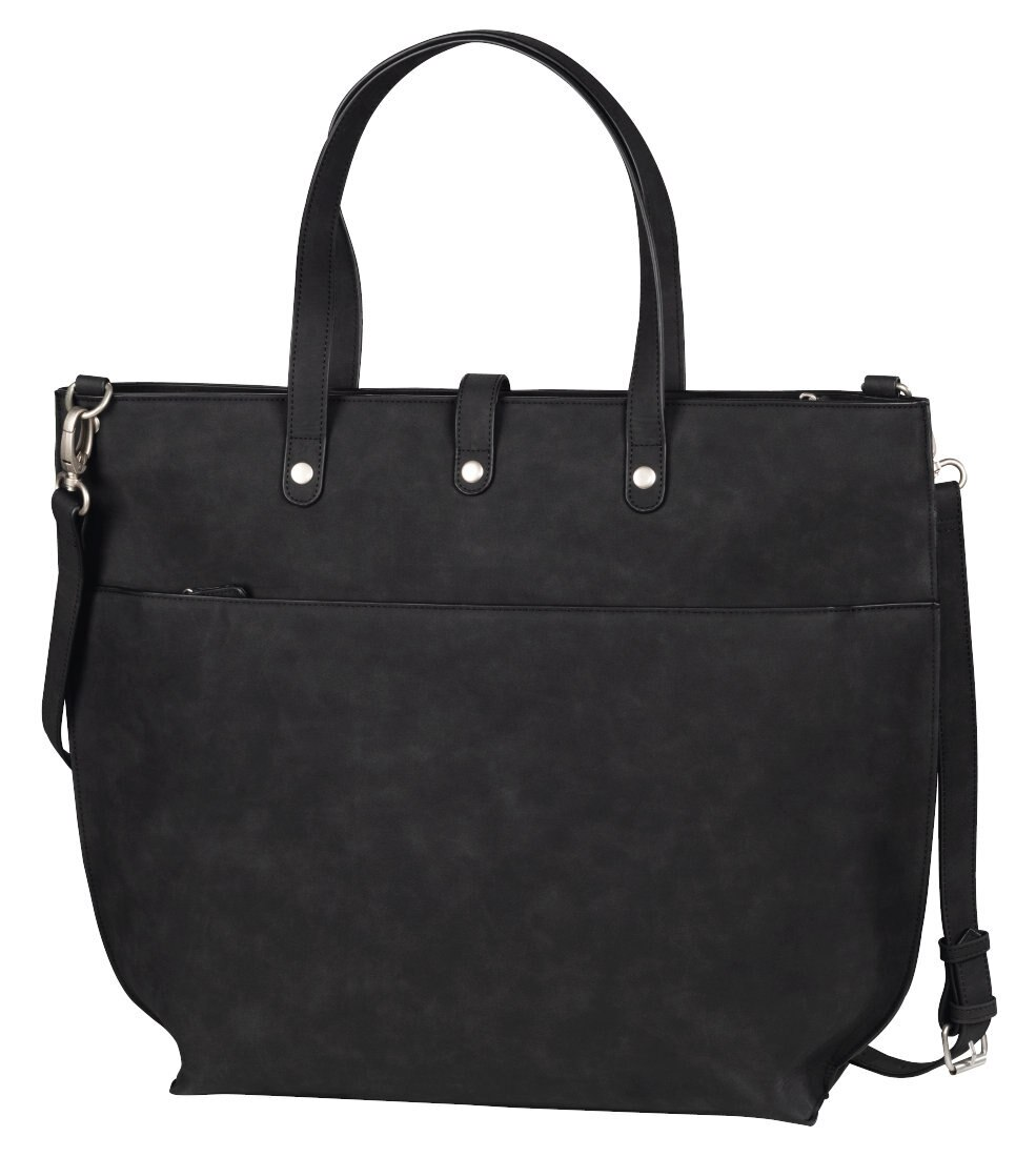 Czarna torba typu tote z uchwytem i paskiem na ramię na białym tle.