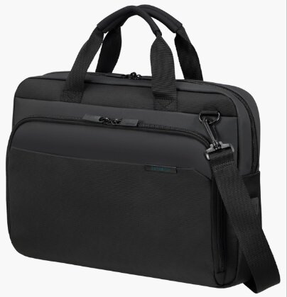 Czarna teczka z uchwytem i paskiem na ramię. Widoczna kieszeń boczna.