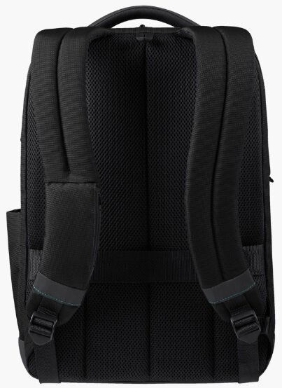 Plecak, czarny, z dwoma paskami na ramiona, siatkowym tyłem. Turkusowe akcenty.