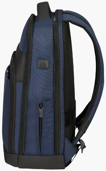 Niebiesko-czarny plecak. Widok z boku pokazuje zamek błyskawiczny i port USB. Białe tło.