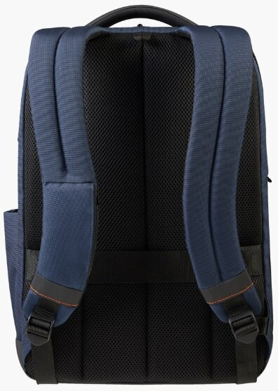 Widok z tyłu niebieskiego plecaka z czarnymi paskami i siatkowym tyłem.