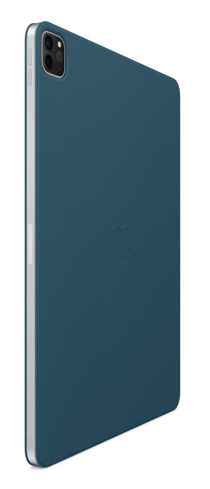 Niebieski iPad Pro w etui. Logo Apple jest wytłoczone na plecach.