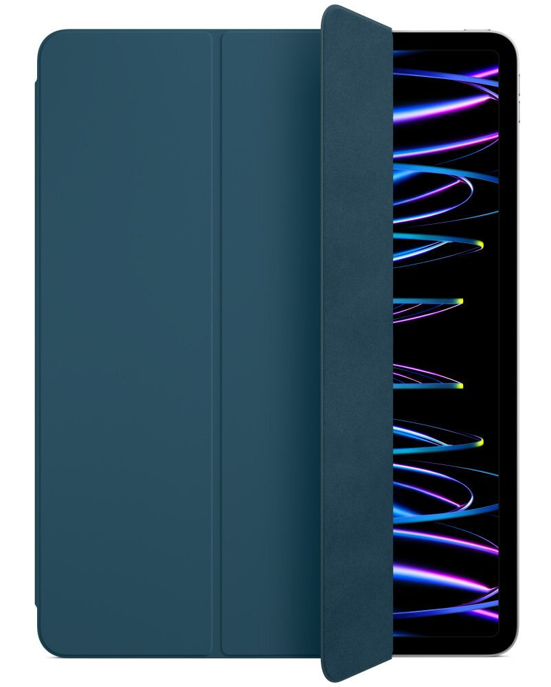 Niebieskie etui na iPada otwarte. Widoczny ekran iPada. Ekran wyświetla kolorowe światła.