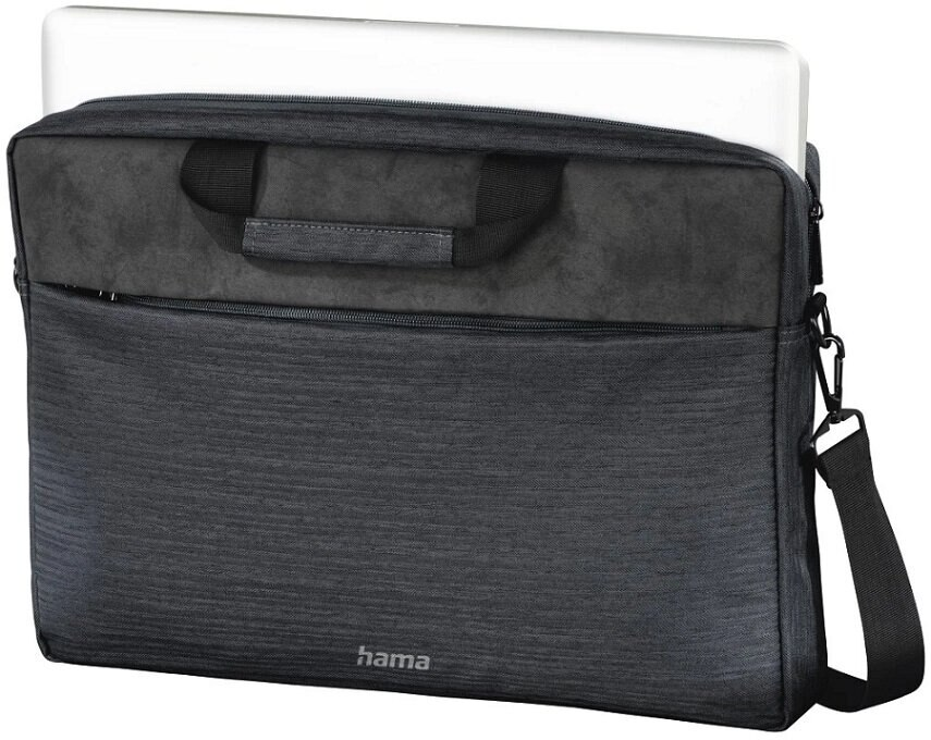 Czarna torba na laptopa z laptopem w środku, uchwytem i paskiem na ramię.