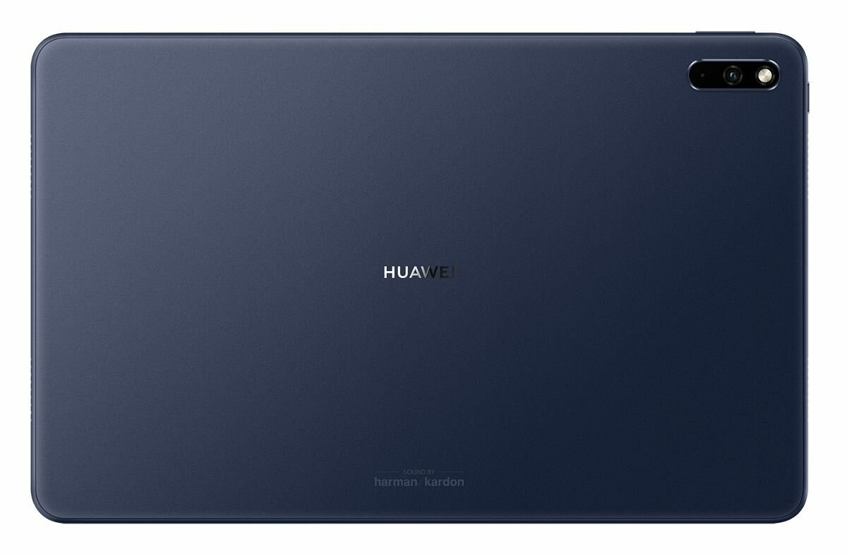 Niebieski tablet z tyłu z logo HUAWEI. Czarny obiektyw aparatu.