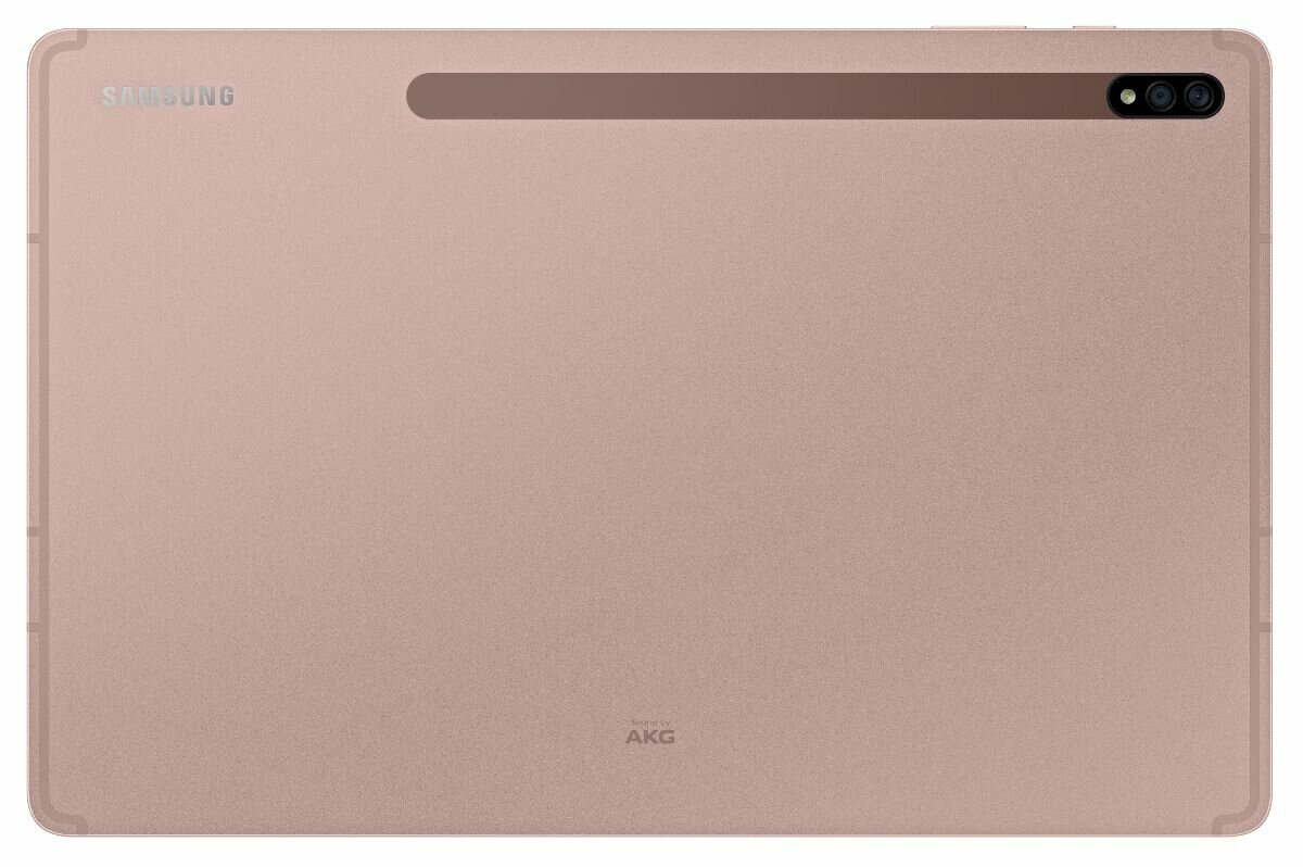 Jasnoróżowy tablet z logo Samsung i zestawem aparatów z tyłu.
