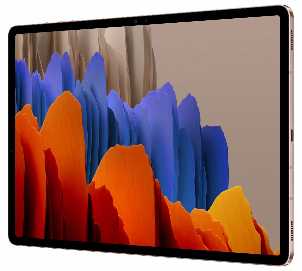 Tablet pokazujący kolorowy obraz. Tablet jest w trybie poziomym, ze złotą ramką.