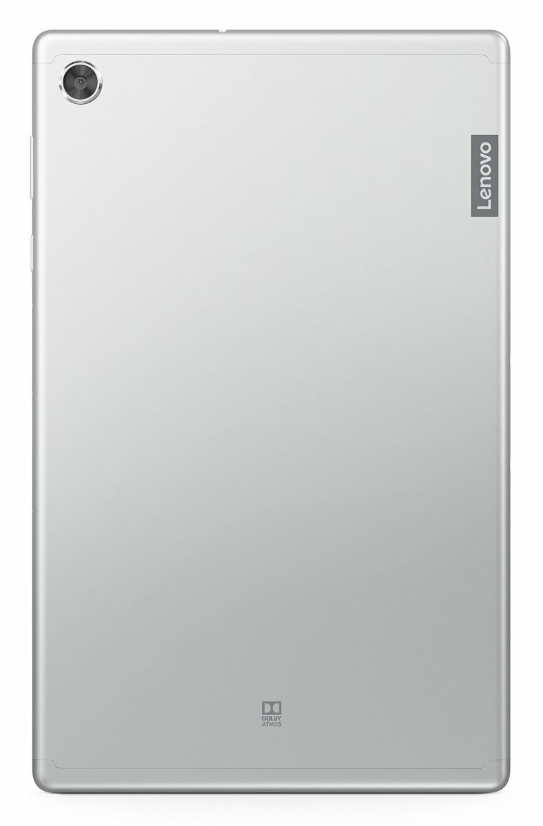 Widok z tyłu srebrnego tabletu Lenovo z aparatem i logo Lenovo.