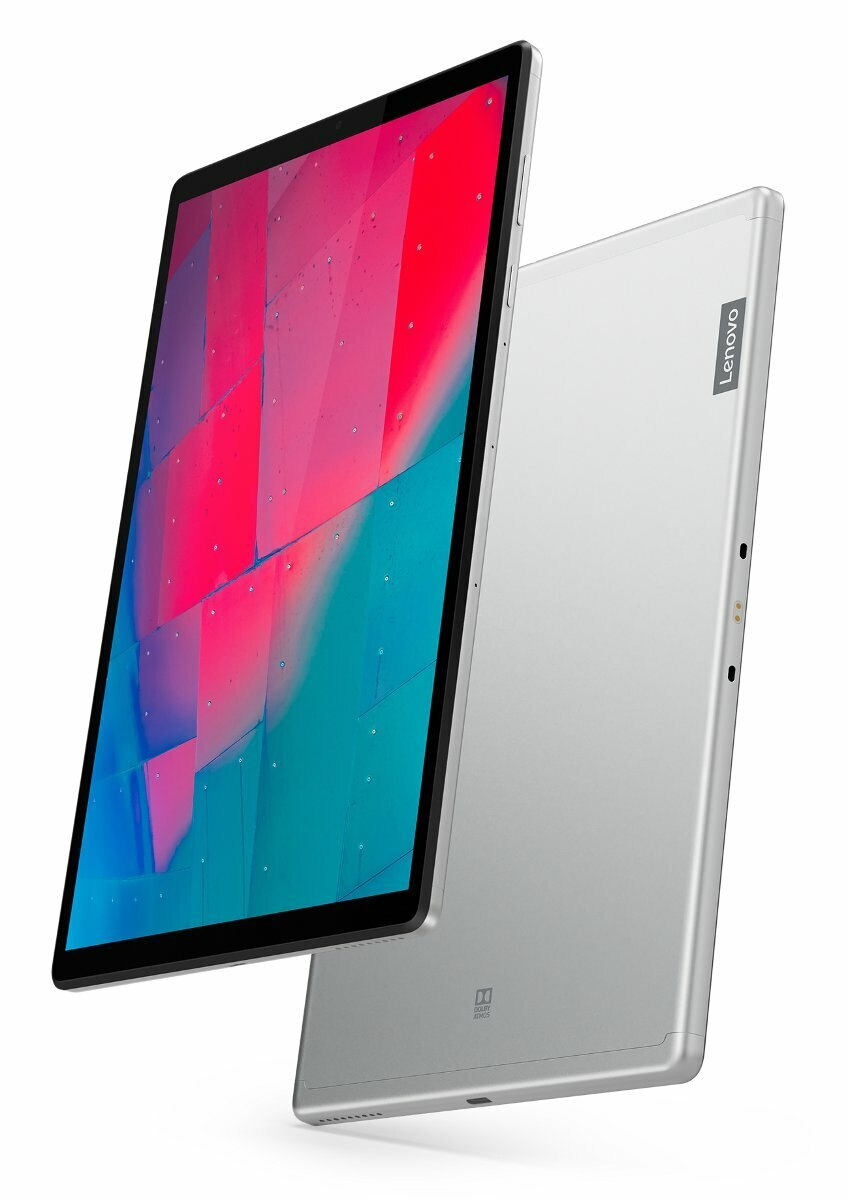 Srebrzysty tablet Lenovo, widok z przodu i z tyłu, z żywym, kolorowym wyświetlaczem.