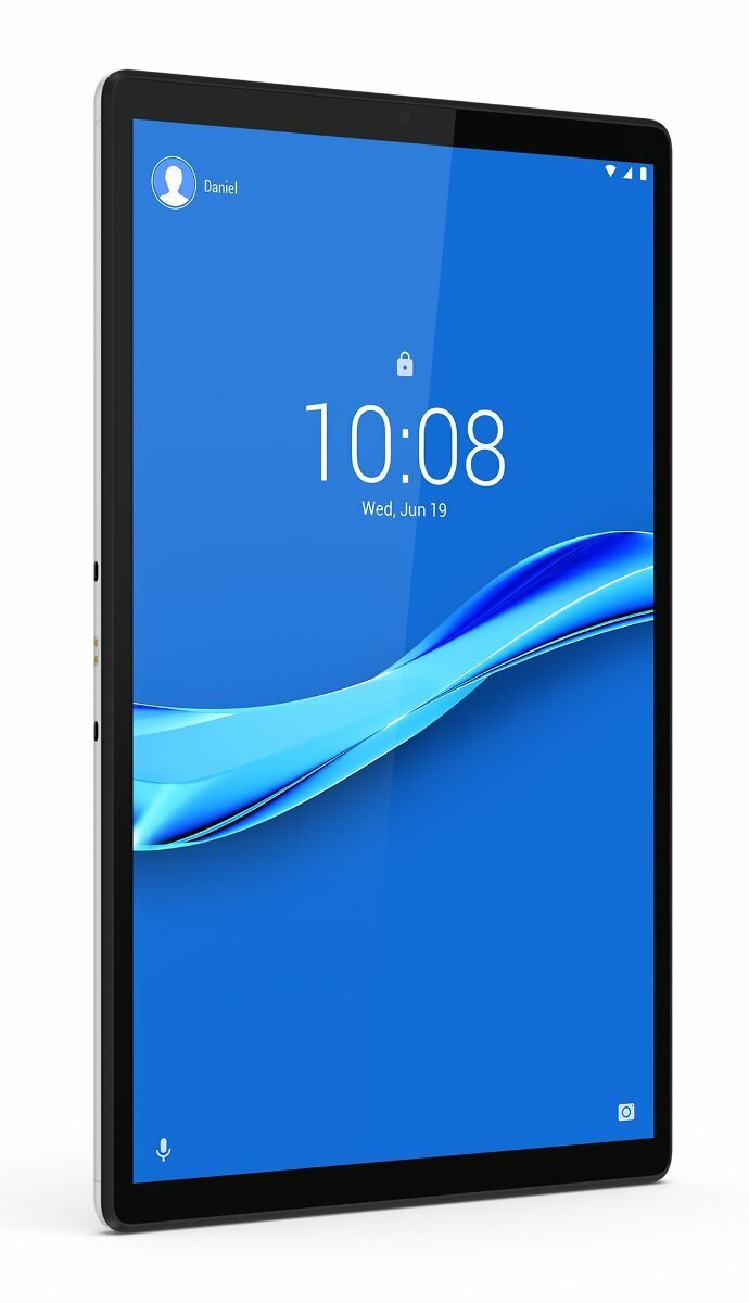 Czarny tablet z niebieskim wzorem fali na ekranie, pokazujący godzinę i datę.