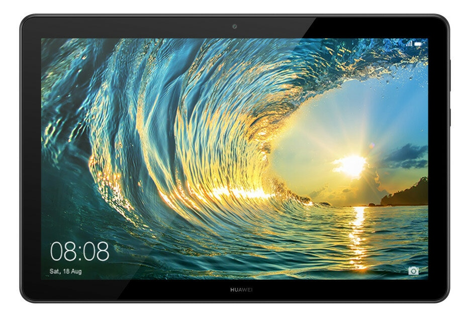 Czarny tablet wyświetla falę rozbijającą się o zachodzie słońca, z wschodem słońca w tle.