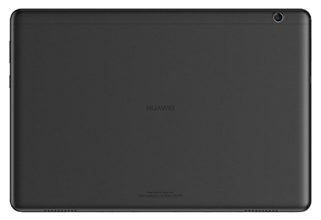 Tył czarnego tabletu Huawei z aparatem u góry. Logo Huawei jest wyśrodkowane.