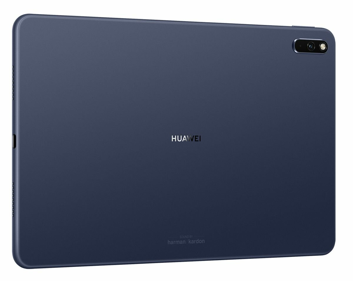 Widok z tyłu granatowego tabletu Huawei z logo Huawei i aparatem.