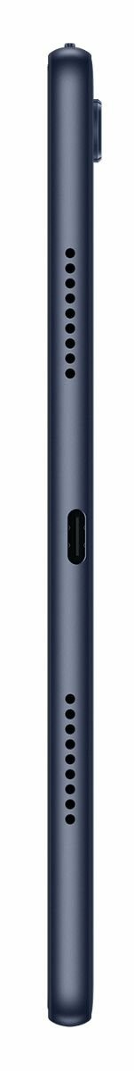 Widok z boku niebieskiego tabletu z portem ładowania i głośnikami.