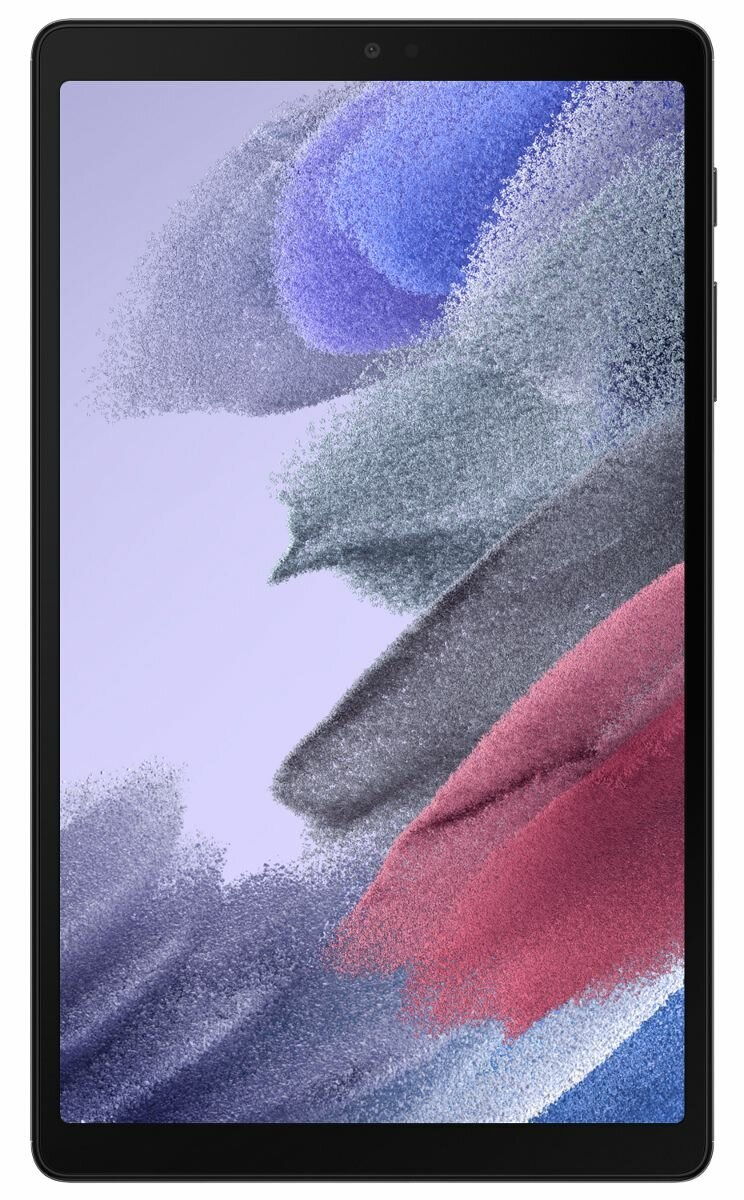 Czarny tablet z kolorowym abstrakcyjnym obrazem na ekranie.